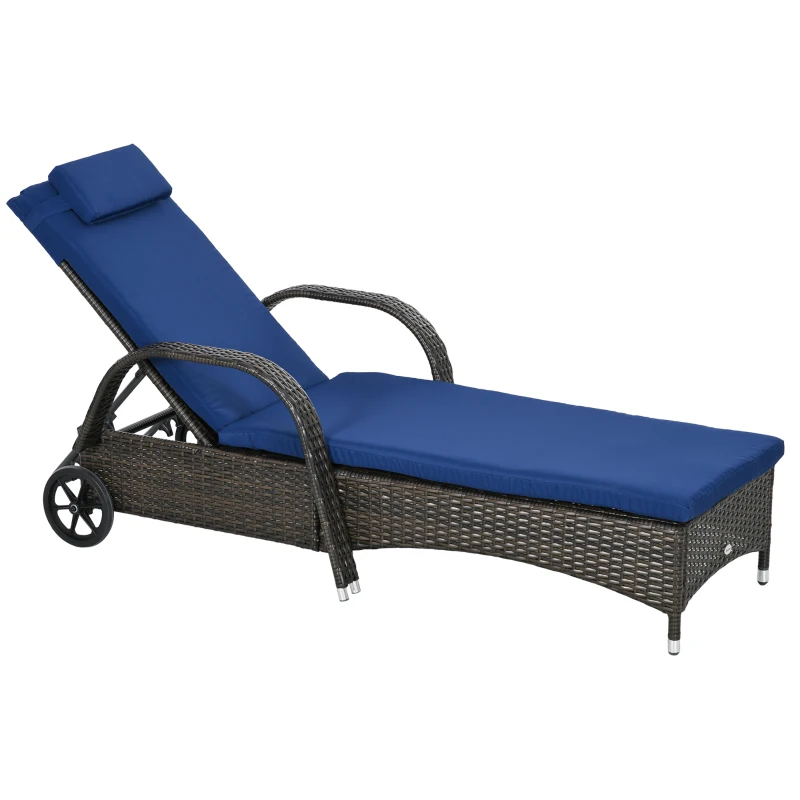 Outsunny Outdoor Lounger, Deck Lounge Chair with Headrest, 5-Level Adjustable, Backrest, Wheels, Mixed Brown and Dark Blue