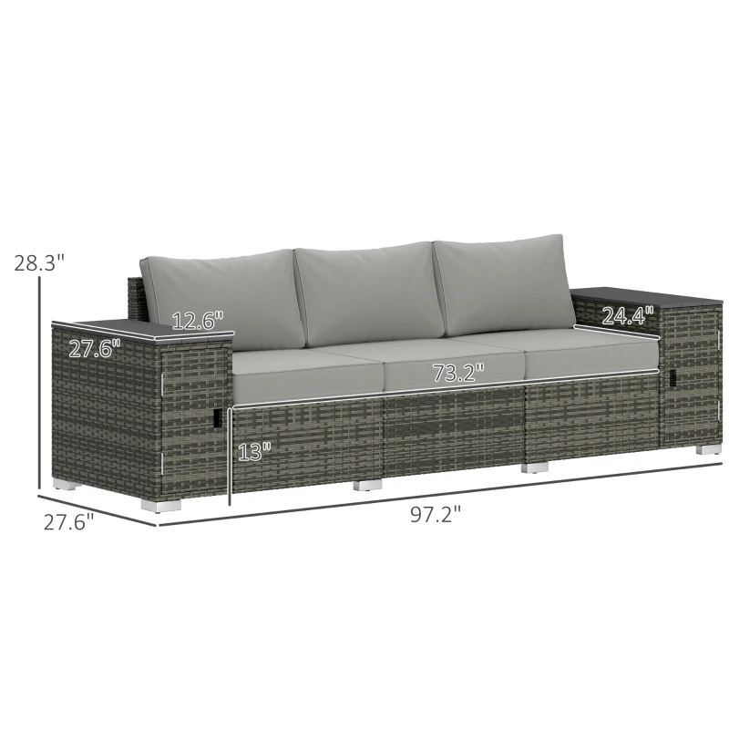 Outsunny 3 Seater Wicker Outdoor Couch Patio Sofa with Storage, Thickened Cushions and Wide Armrests for Porch Yard, Gray