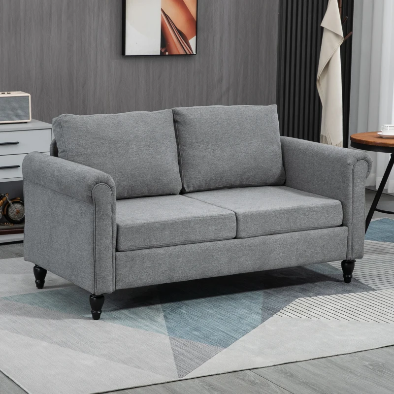 HOMCOM Vintage Loveseat, Upholstered Love Seat Furniture, Chenille-feel Fabric 2 Seater Sofa Couch with Rolled Arms, Gourd-Shaped Rubber Wood Legs for Living Room, Light Grey