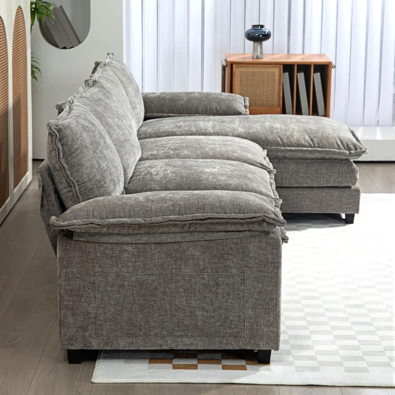 HOMCOM Sofa Couch with Chaise Lounge, Chenille L-shaped Couch with Double-layer Seat Cushion for Living Room, Grey