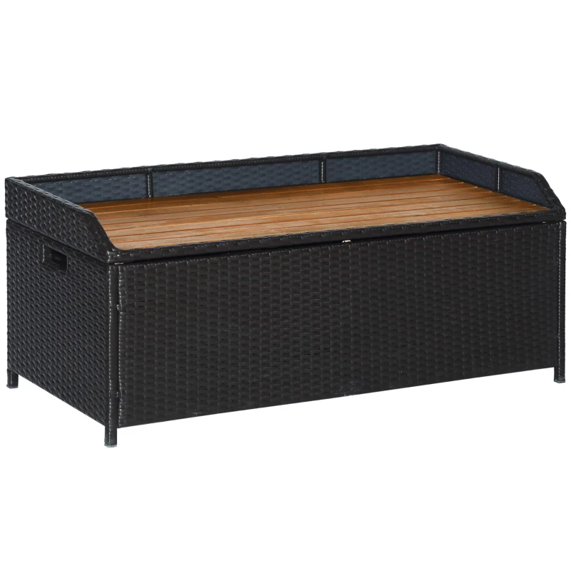 Outsunny Patio Wicker Storage Bench Box, Outdoor Garden PE Rattan Pool Storage Deck Bin Box w/ Natural Wood Top, Lid, Ideal for Storing Tools, Accessories and Toys, Coffee