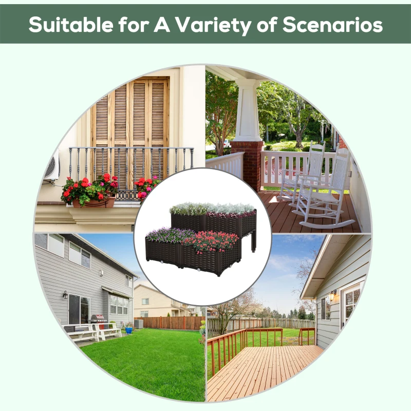 Outsunny 4 Piece Raised Garden Bed PP Raised Flower Bed Vegetable Herb Grow Box Stand Brown