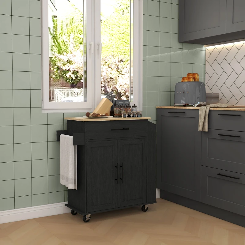 HOMCOM Rolling Island with Wheels for Kitchen, Kitchen Island on Rollers with Power Outlets, Drawer, and Doors, Black