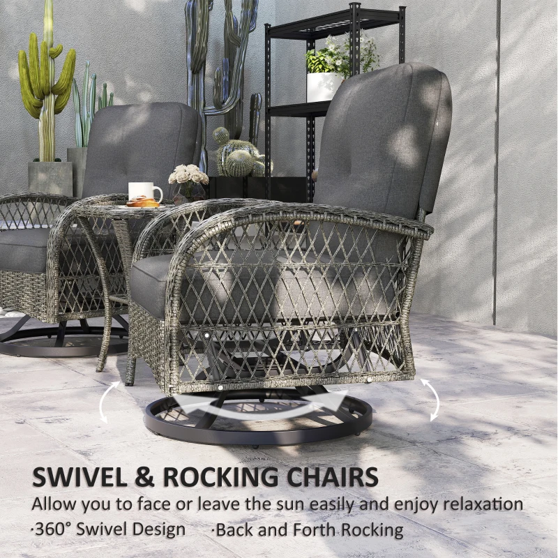 Outsunny Wicker Balcony Furniture with 2 Swivel Rocking Chairs and 2-Tier Glass Coffee Table, 3 Piece Patio Set for Porch, Grey