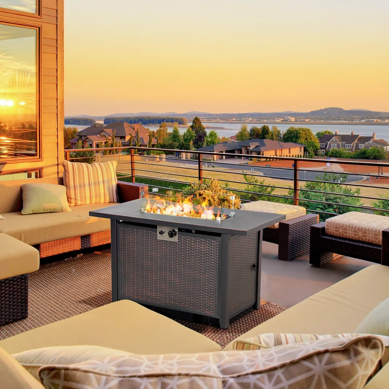 Outsunny 43 Inch Outdoor Propane Gas Fire Pit Table, 50,000 BTU Auto-Ignition Rectangular Wicker-effect Gas Firepit with Glass Wind Guard, Lid, Glass Beads, Steel Base, CSA Certification, Bronze