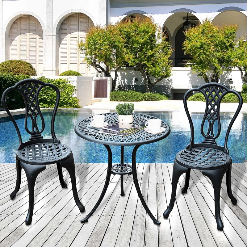 Outsunny 3 Pieces Antique Outdoor Bistro Set Cast Aluminum Patio Table and Chairs with Umbrella Hole, Black