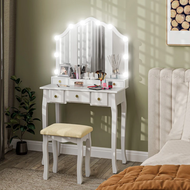 HOMCOM Makeup Vanity Table with Stool, Vanity Set with 10 LED Lights, 5 Drawers and 3 Compartments, White