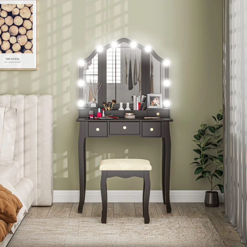 HOMCOM Makeup Vanity Table with Stool, Vanity Set with 10 LED Lights, 5 Drawers and 3 Compartments, Black