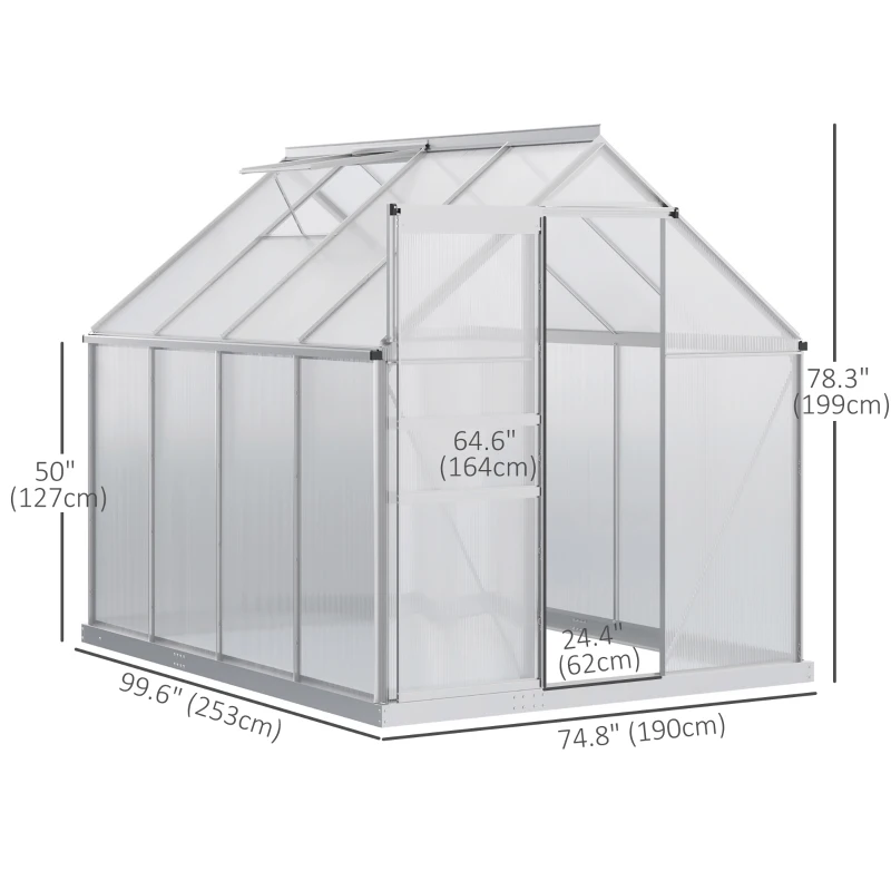 Outsunny 6' x 8' x 6.5' Walk-in Greenhouse, Polycarbonate Greenhouse with Adjustable Roof Vent, Base, Sliding Door, Clear