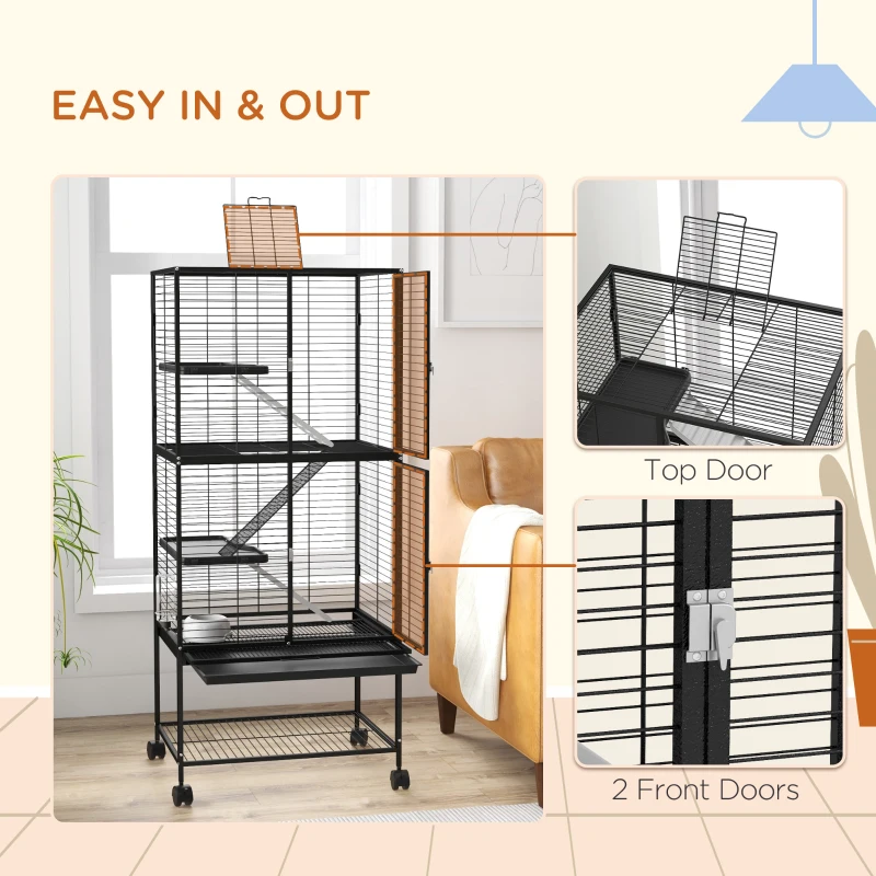 PawHut Rolling Small Animal Cage 53.5"H Chinchilla Cage for Ferrets, Squirrels w/ Removable Tray, Storage Shelf, Black
