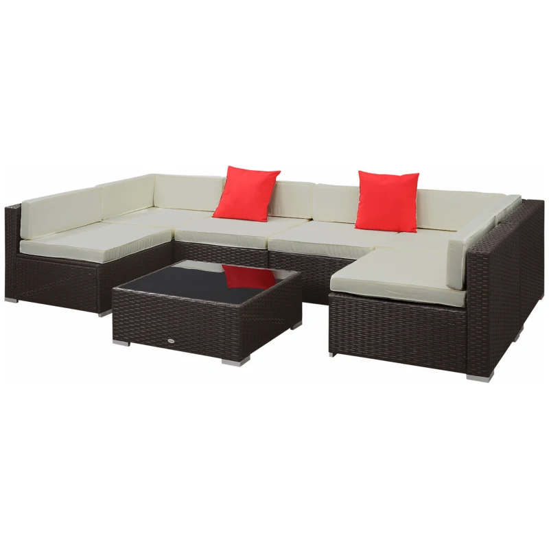 Outsunny 7 Piece Outdoor Patio Sofa Set with Cushions, All Weather PE Rattan, 29.5" Sofa Section, Glass Top Coffee Table for Outdoor Living, Beige(m-12)