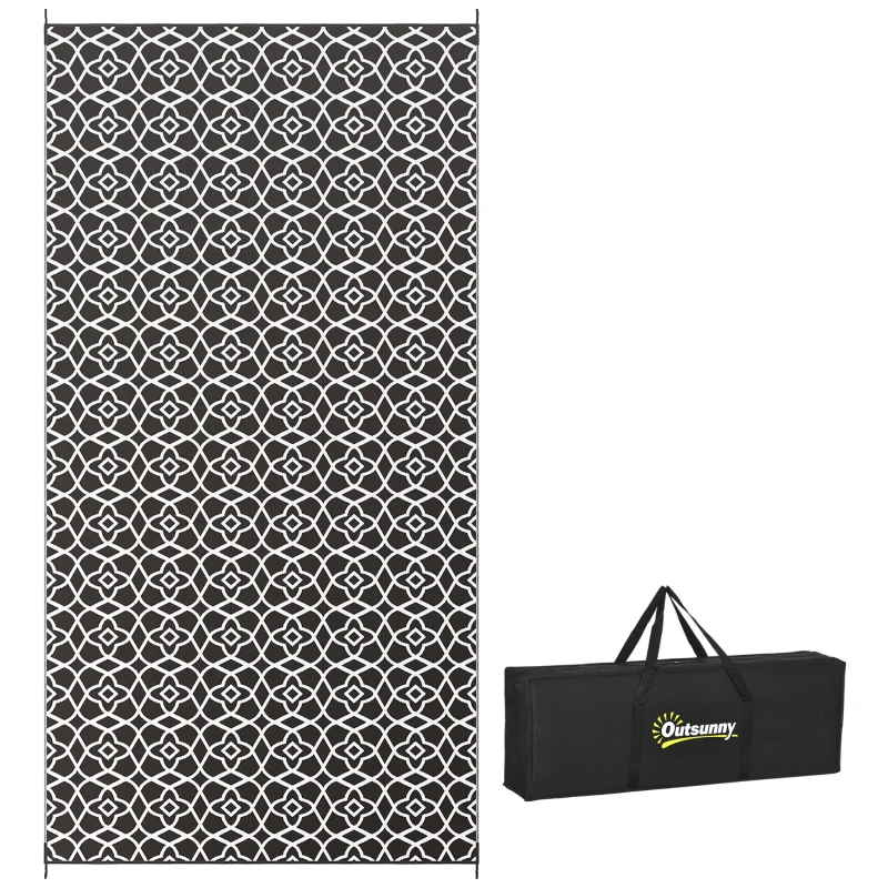 Outsunny Reversible Outdoor Rug Carpet RV Camping Rugs with Carry Bag, 9' x 18', Black & White Clover