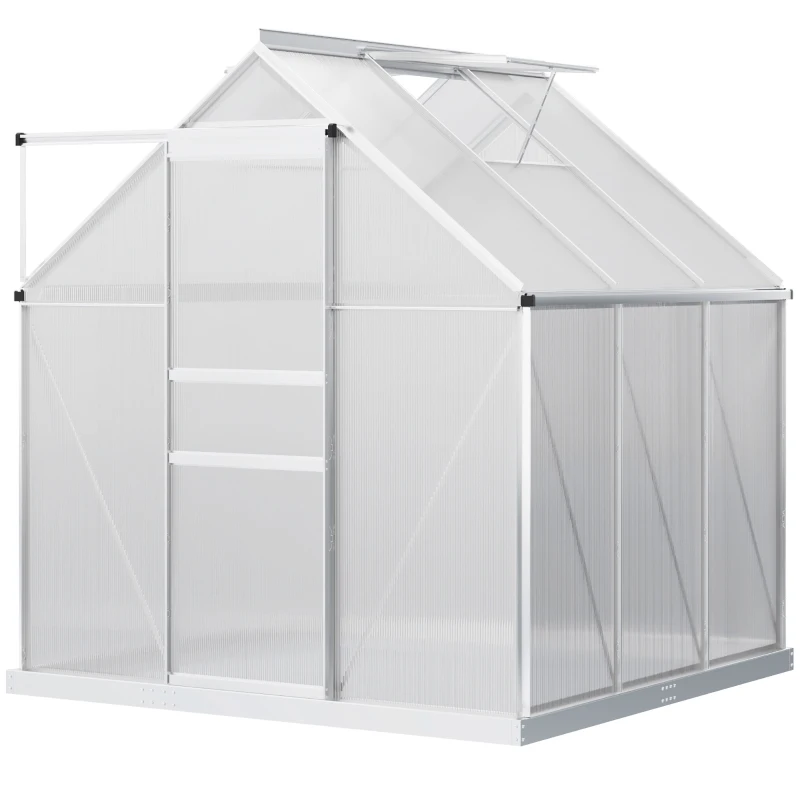 Outsunny 6' x 6' x 6.5' Polycarbonate Greenhouse, Walk-in Green House with Adjustable Roof Vent, Galvanized Base, Sliding Door and Rain Gutter for Outdoor, Garden, Backyard, Clear