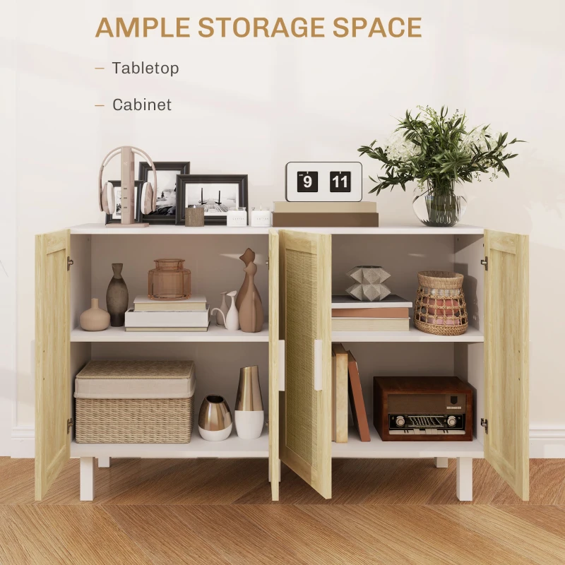 HOMCOM Boho Kitchen Cabinet, Buffet Cabinet with 4 Rattan Doors and Adjustable Shelves for Dining Room, White and Natural