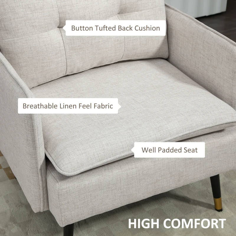HOMCOM Accent Chair, Upholstered Armchair with Tufted Back Cushion and Steel Legs for Living Room, Bedroom, Cream White