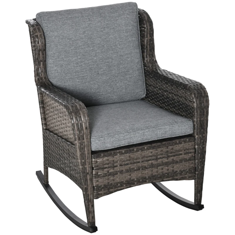 Outsunny Outdoor Wicker Rocking Chair, PE Rattan Porch Rocker with Cushions, Grey