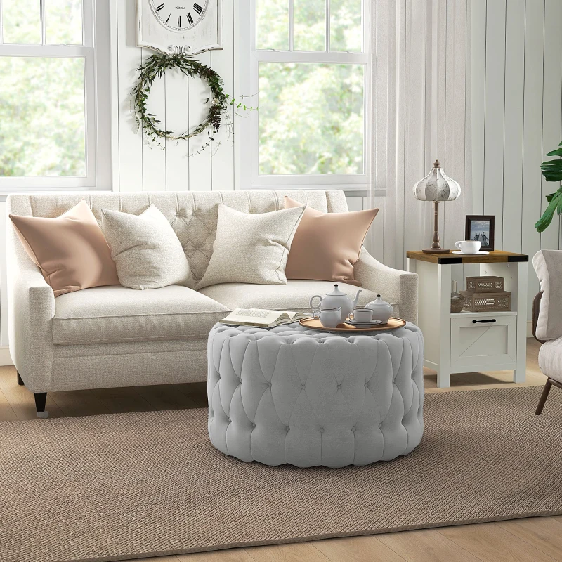 HOMCOM Round Ottoman Coffee Table with Velvet-feel Upholstery, Button Tufted Design and Padded Seat, Gray