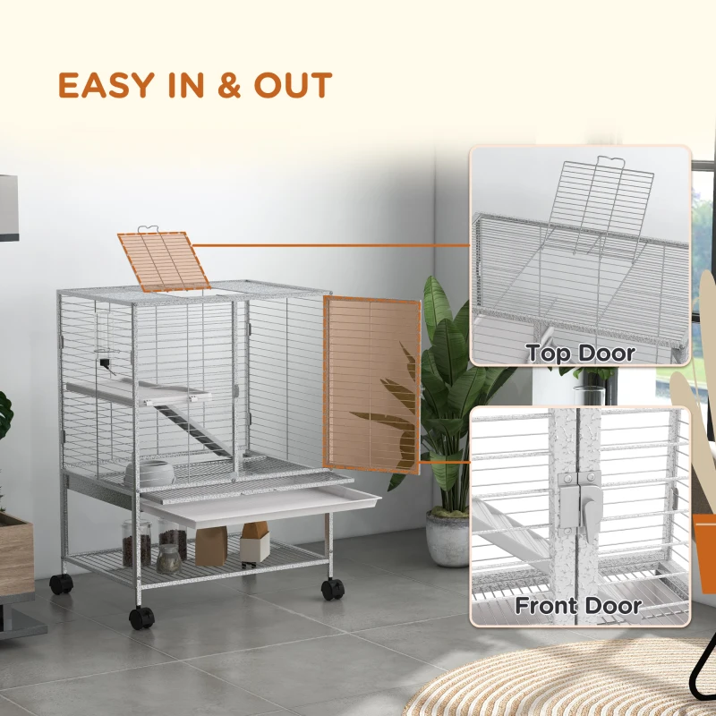 PawHut Rolling Small Animal Cage 34"H Chinchilla Cage for Ferrets, Squirrels w/ Removable Tray, Storage Shelf, Light Grey
