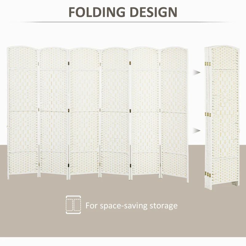 HOMCOM Folding Room Divider Screen 6 Panel 6' Tall Privacy Screen Freestanding Wood Partition for Home Office, White