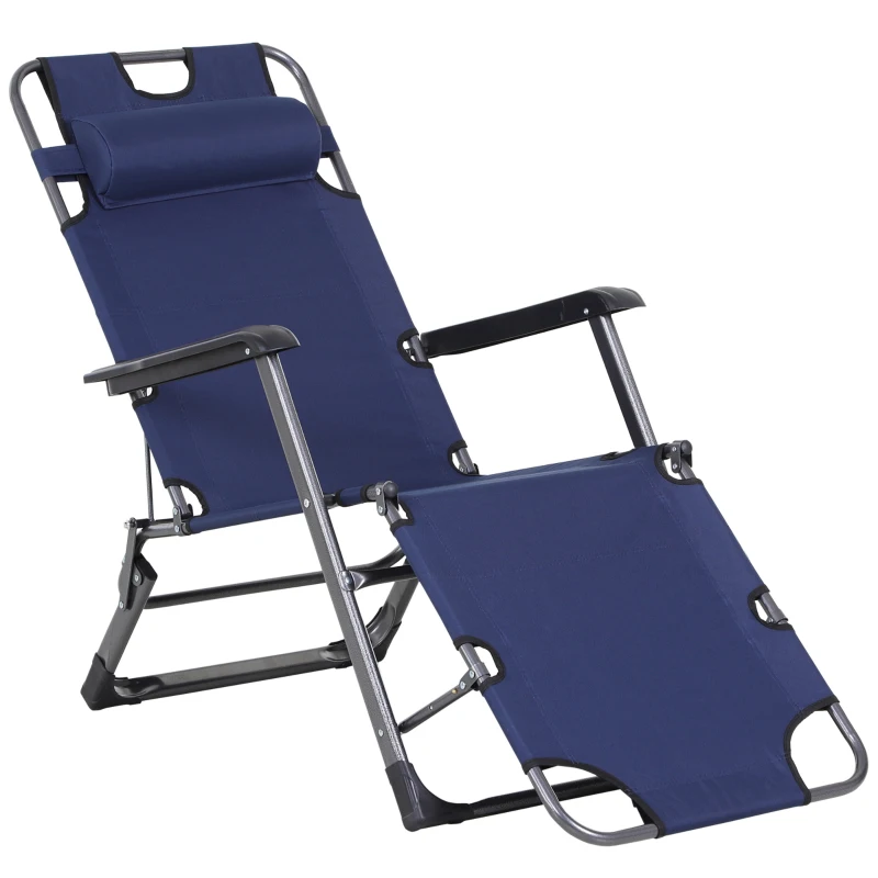 Outsunny Folding Chaise Lounge Chair for Outside, 2-in-1 Tanning Chair with Pillow & Pocket, Adjustable Pool Chair for Beach, Patio, Lawn, Deck, Navy