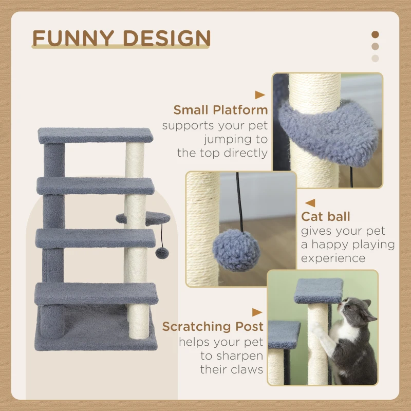 PawHut 4 Levels Cat Steps with Scratching Posts for High Bed, Sofa, Gray