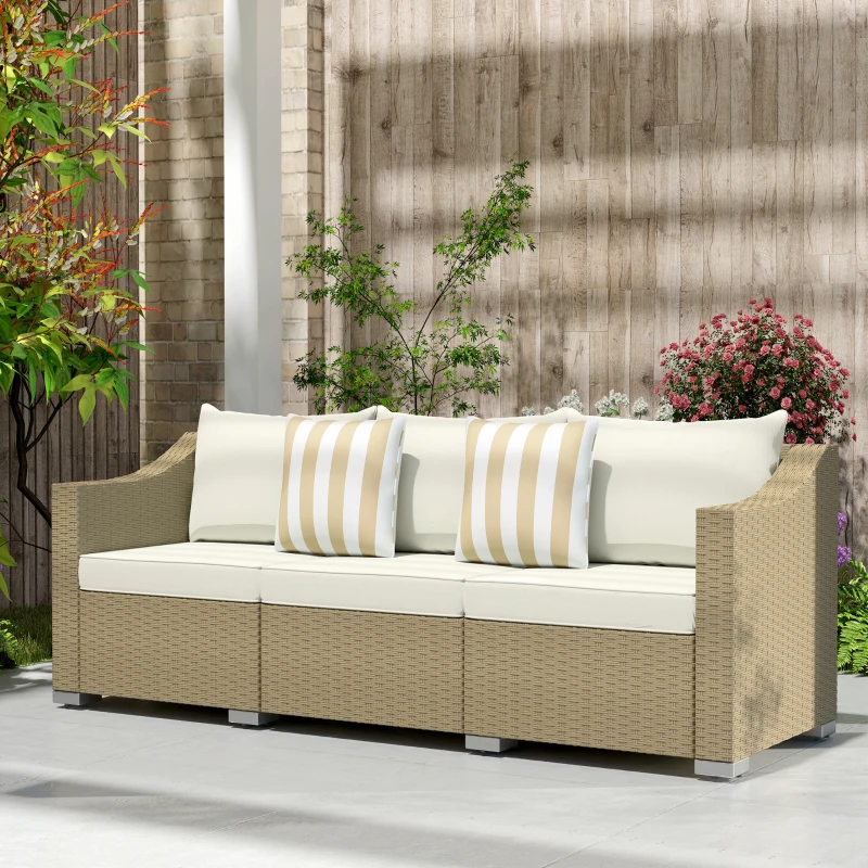 Outsunny Rattan Wicker 3 Seater Patio Couch with Cushions, 2 Throw Pillows, Outdoor Furniture Rattan Sofa, Cream White