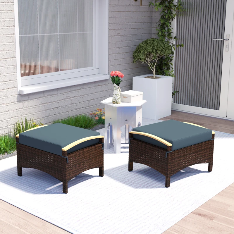 Outsunny 2 Pieces Wicker Outdoor Ottoman with Removable Cushion, Rattan Outdoor Footstool, Footrest and Side Table, Blue