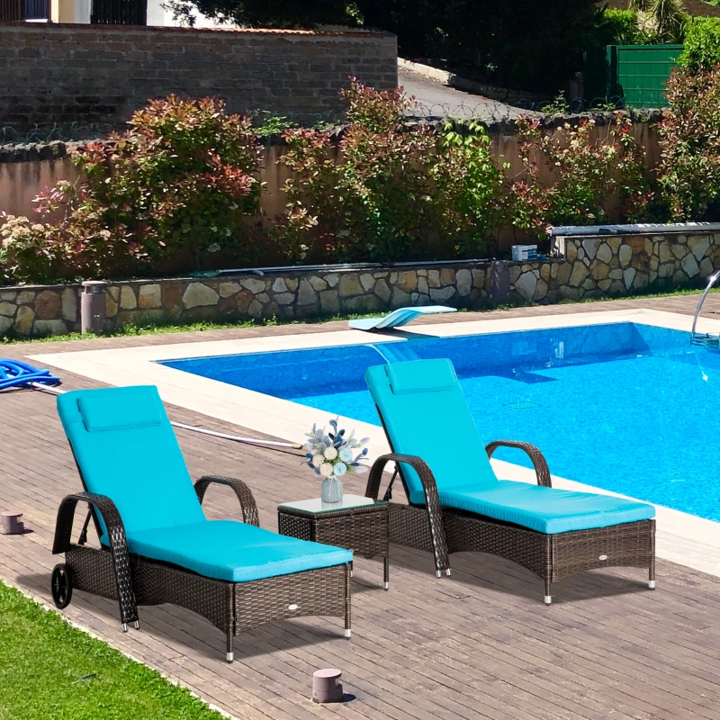 Outsunny 3 Pieces Wicker Patio Lounger Set with Table, PE Rattan Outdoor Lounge Chair Set with Cushions, Wheels, 5-Level Reclining Backrest, Headrest, Brown/Blue