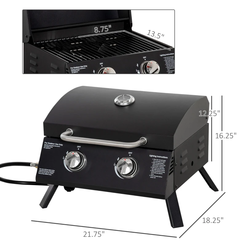 Outsunny 2 Burner Propane Gas Grill, Outdoor Portable Tabletop BBQ with Foldable Legs, 10000 Each Burner, Lid, for Camping, Picnic, Backyard, Black