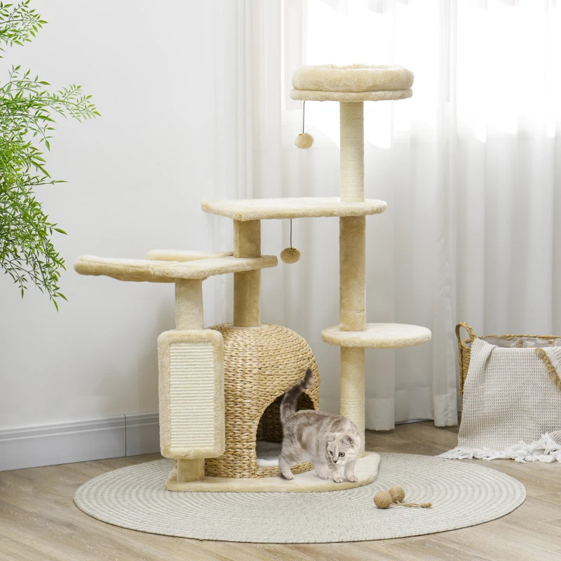 PawHut 44" Cat Tree Tower with Scratching Posts, Cat Condo, Hammock, Bed, Platforms, Toy Balls for Indoor Cats