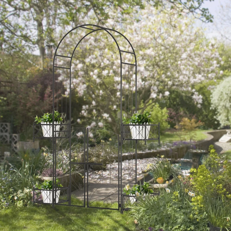 Outsunny 7.1FT Metal Garden Arch with Gate and 4 Planter Boxes, Garden Arbor Trellis for Climbing Plants, Outdoor Wedding, Decoration, Bridal Party, Black