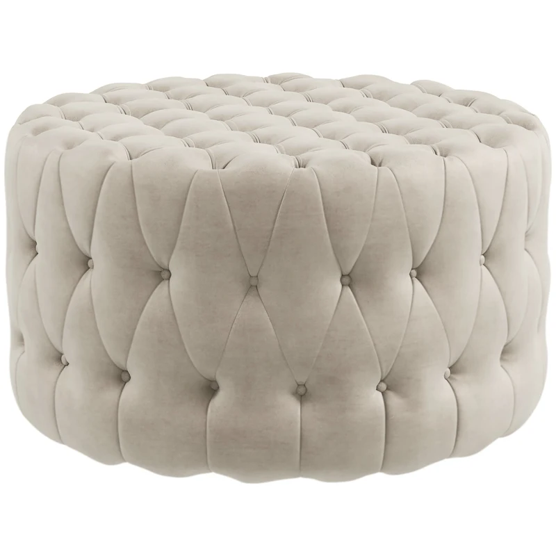 HOMCOM Round Ottoman Coffee Table with Velvet-feel Upholstery, Button Tufted Design and Padded Seat, Beige