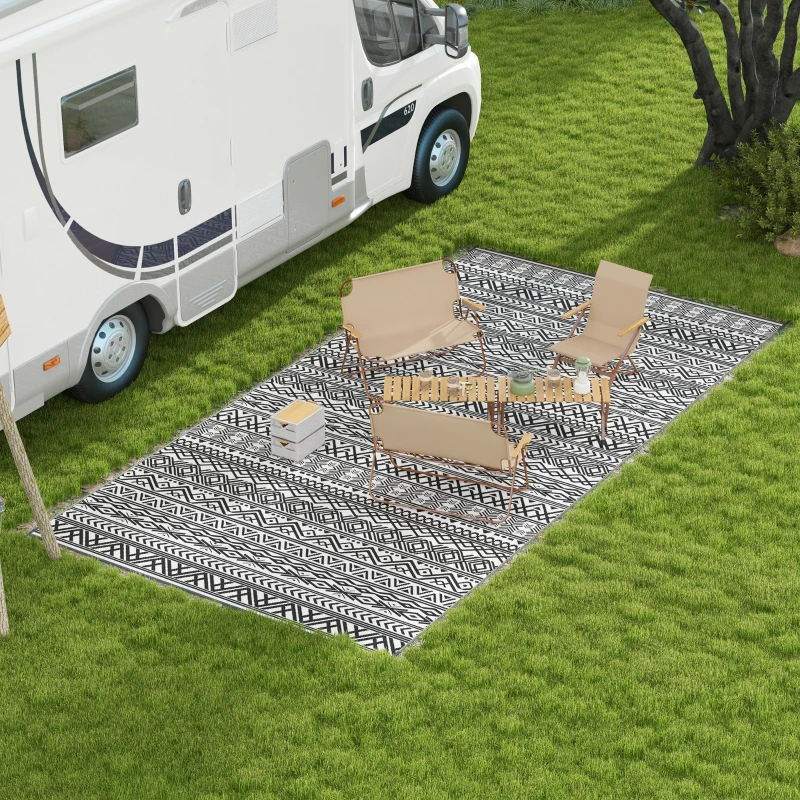 Outsunny Reversible Outdoor Rug Carpet RV Camping Rugs with Carry Bag, 9' x 18', Gray & Cream White Boho