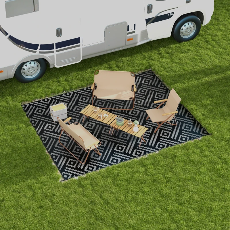 Outsunny Reversible Outdoor Rug Carpet RV Camping Rugs with Carry Bag, 9' x 12', Black & Gray Geometric