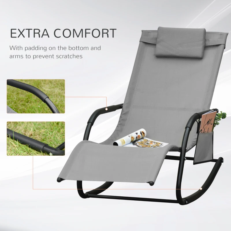 Outsunny Patio Rocking Chair with Mesh Fabric, Outdoor Rocking Sling Sun Lounger with Removable Headrest and Side Pocket for Garden, Deck, Lawn, Grey