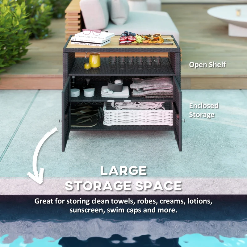 Outsunny Outdoor Storage Cabinet with Acacia Wood Top, Two Doors, Shelf, Wicker Bar Table for Pool Towel Storage, Black