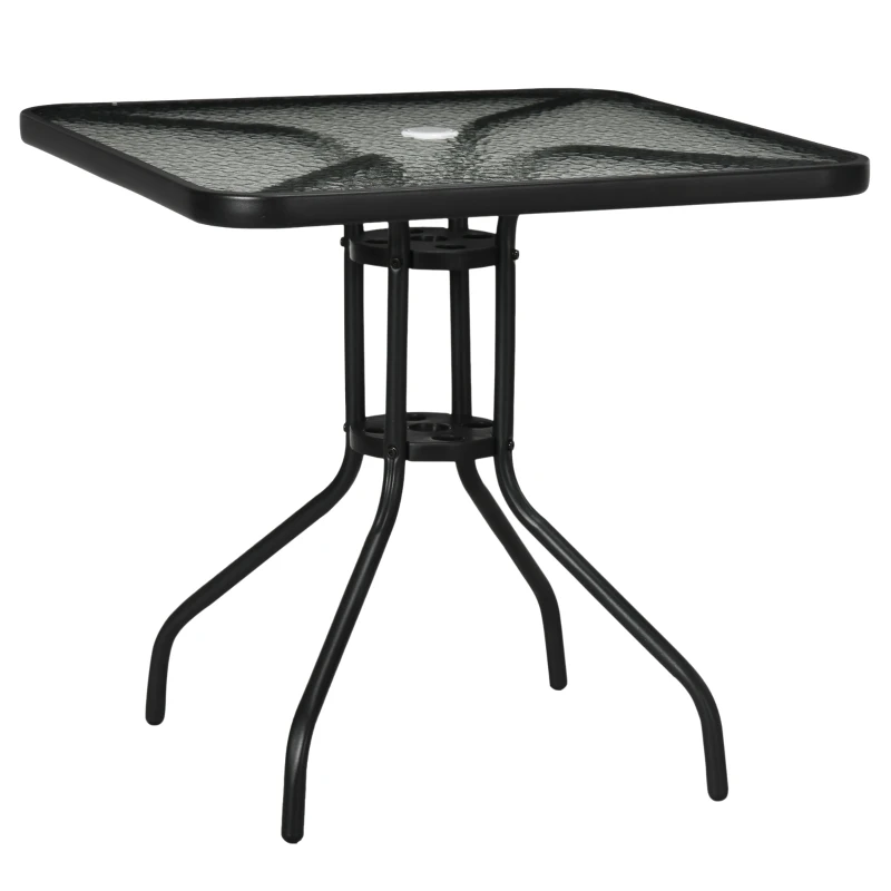 Outsunny Square Patio Dining Table with Umbrella Hole Tempered Glass Top Outdoor Dining Table for Garden Balcony Black