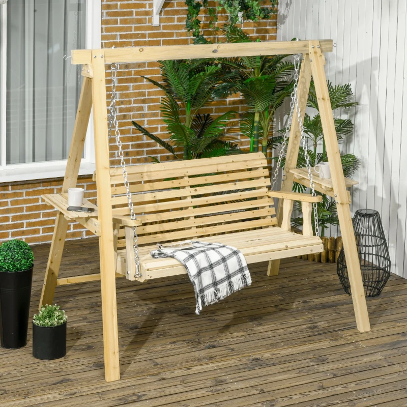 Outsunny 2-Seat orch Swing with Stand, Wooden Patio Swing Chair with Side Tables and Metal Chains, Outdoor Hanging Bench for Garden, Poolside, Backyard, Natural Wood
