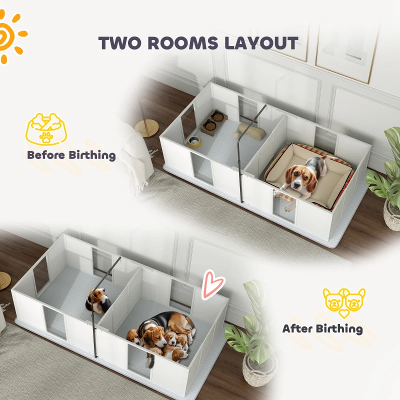 PawHut Whelping Box for Dogs w/ Retractable Light Stand, Waterproof Pee Pad & Adjustable Height Door for Medium Breed Dogs