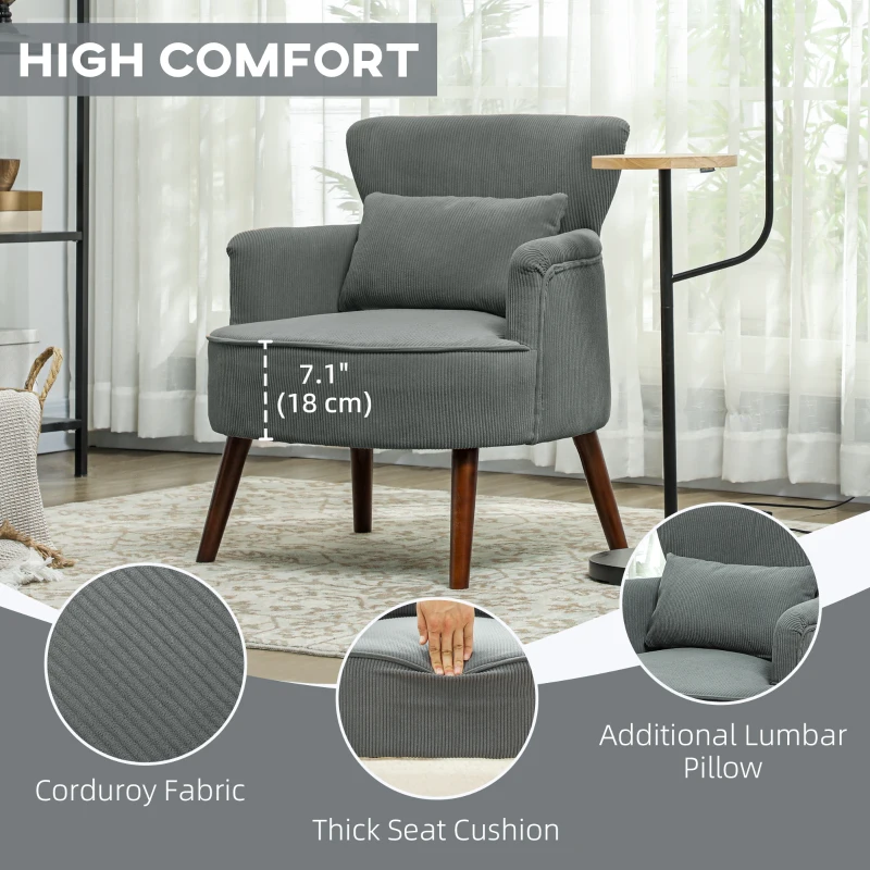 HOMCOM Modern Accent Chair, Upholstered Armchair with Solid Wood Legs and Lumbar Pillow for Living Room, Grey