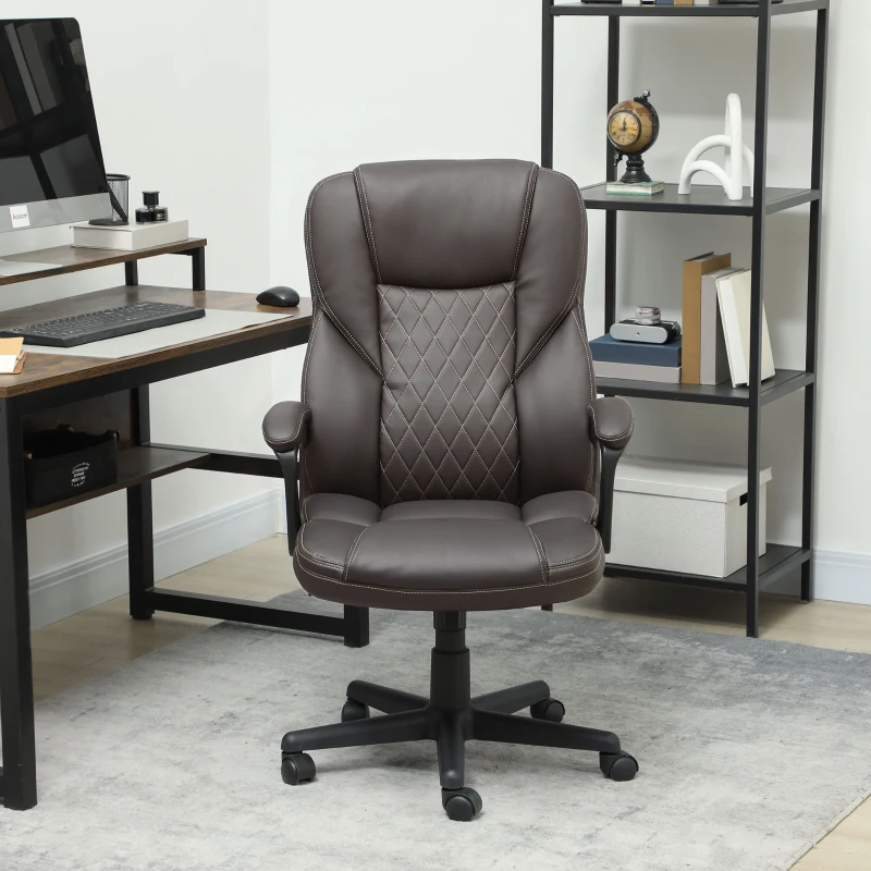 HOMCOM High Back Ergonomic Office Chair, PU Leather Executive Desk Chair with Adjustable Height and Swivel Wheels, Brown
