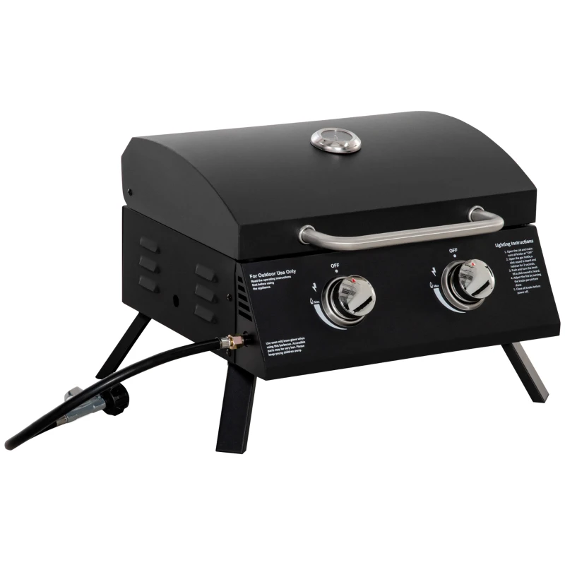 Outsunny 2 Burner Propane Gas Grill, Outdoor Portable Tabletop BBQ with Foldable Legs, 10000 Each Burner, Lid, for Camping, Picnic, Backyard, Black