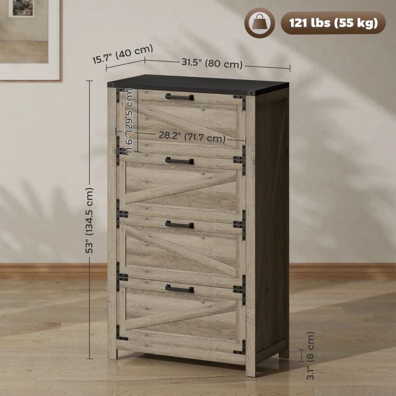 HOMCOM 4 Drawer Filing Cabinet, Farmhouse Office Storage Cabinet with Adjustable Hanging Bars for Letter, A4, Legal Size, Grey