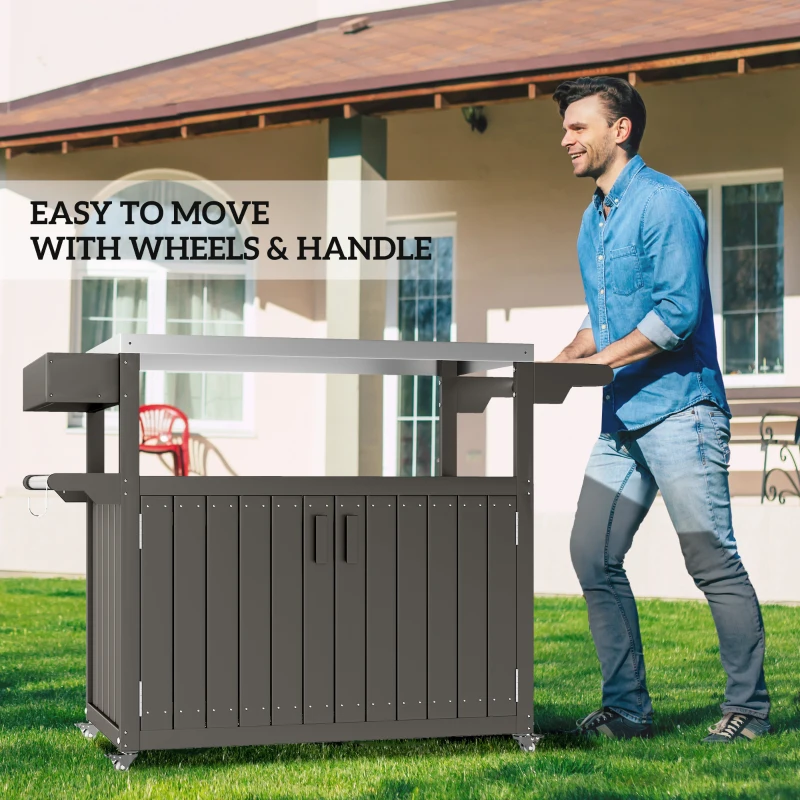 Outsunny Outdoor Bar Cart with Storage, Stainless Steel Outdoor Bar Table Top, Wheeled HDPE Kitchen Island for Food Prep, Gray