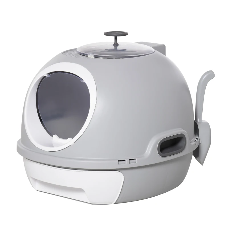 PawHut Cat Litter Box Toilet with Lid, Covered Litter Box with Scoop, Enclosed Drawer and Skylight, Grey