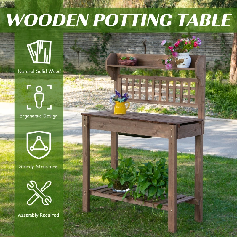 Outsunny Outdoor Potting Bench Table, Wooden Workstation with Sliding Tabletop, Storage Shelf and Dry Sink, for Greenhouse, Garden, Patio, Brown