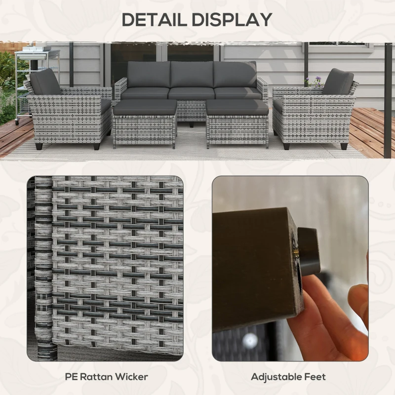 Outsunny 5-Piece Patio Furniture Set with PE Rattan Three-Seater Sofa, Armchairs, Footstools, Cushions, Mixed Gray