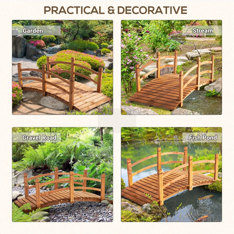 Outsunny 5FT Wooden Garden Bridge Classic Arc Footbridge with Guardrails for Stream Pond Walkway, Orange