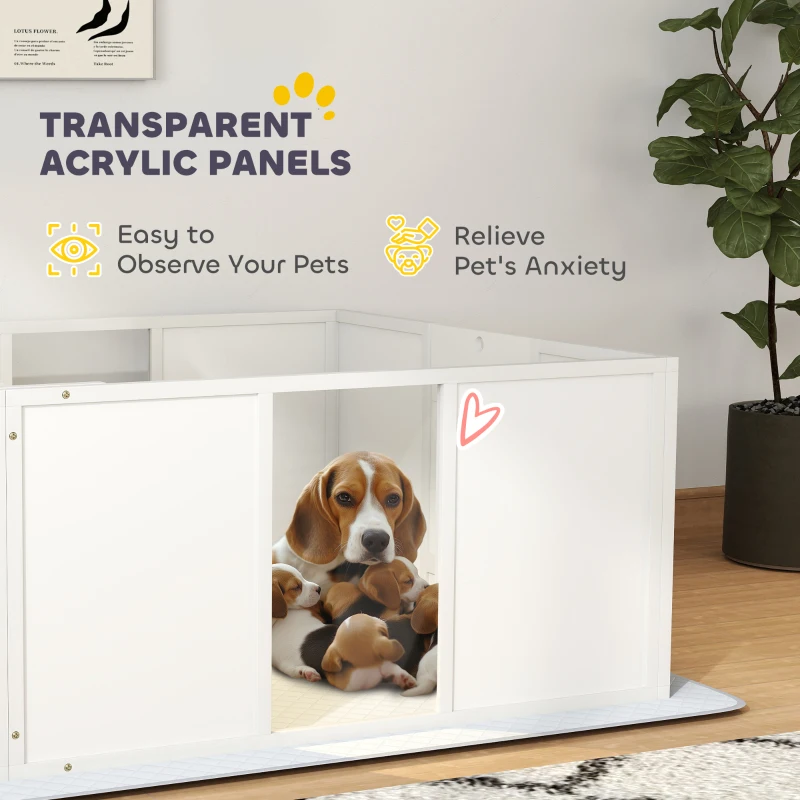 PawHut Whelping Box for Dogs w/ Retractable Light Stand, Waterproof Pee Pad & Adjustable Height Door for Medium Breed Dogs