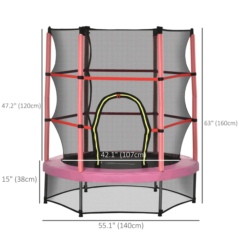 Outsunny 55" Kids Trampoline with Enclosure Net for Indoor/Outdoor, Trampoline for Boys and Girls Age 3-6 Years, Pink